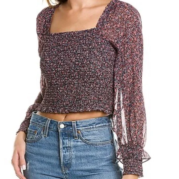 New NWT 1. State long sleeve semi sheer floral shirred blouse top black pink L - Picture 2 of 12